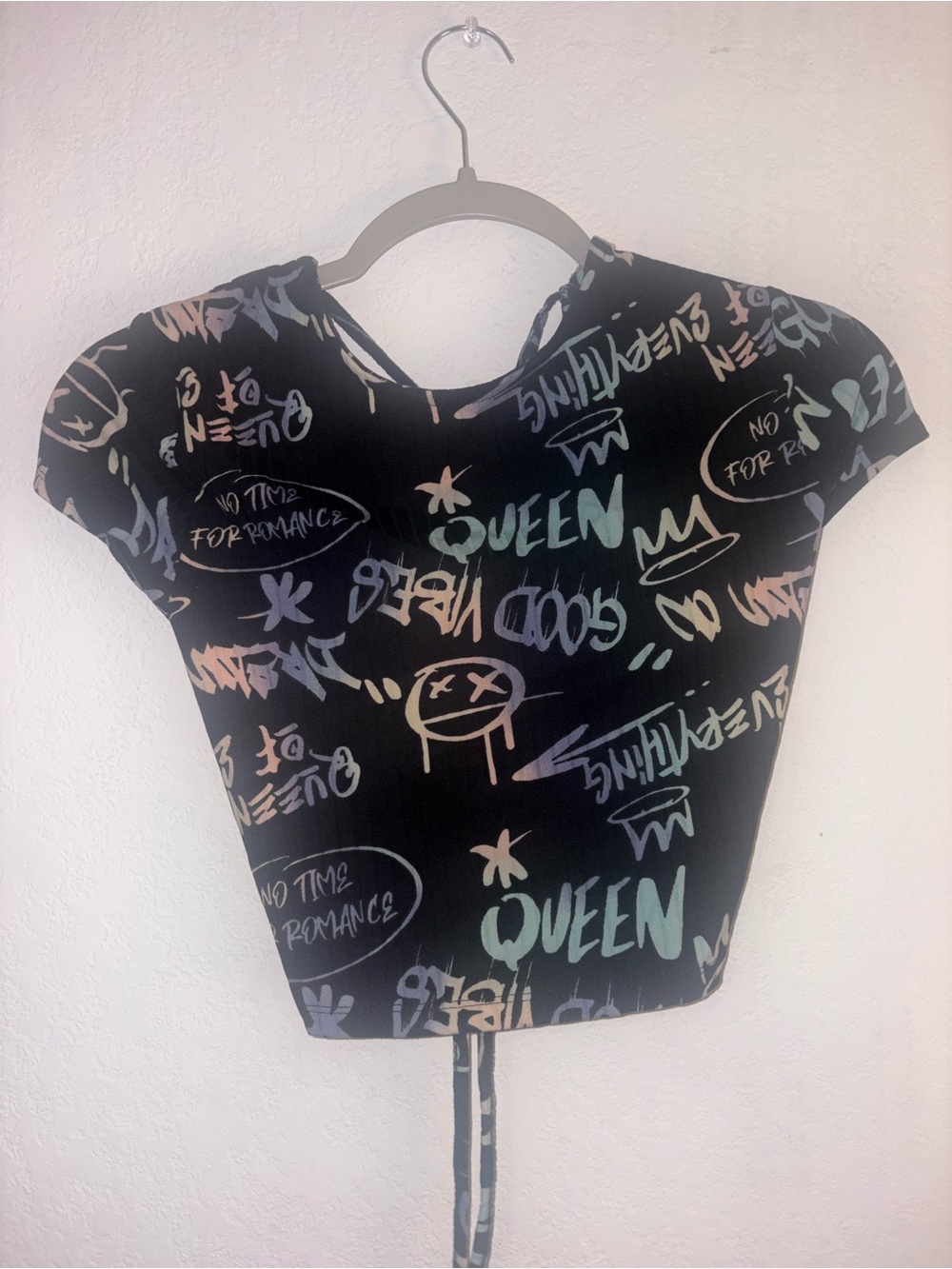Women's Black Graffiti Print Crop Top - Queen Design open back w strap